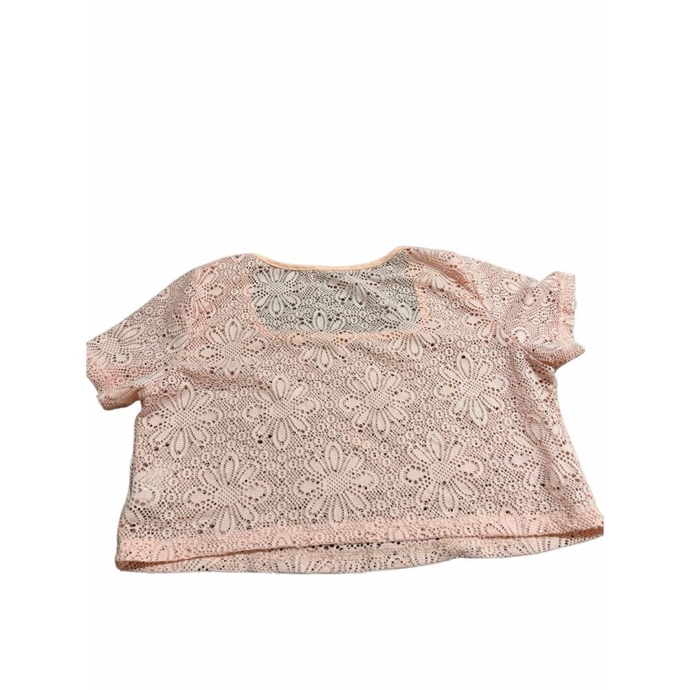 Shein Pink Floral Lace Crop Top Short Sleeve Sheer Crochet Knit Blouse Women 4